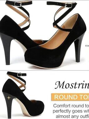 Mostrin Women's Size 8 Black Velvet Closed Toe Ankle Strap 4.5" Heel Pumps (A15)
